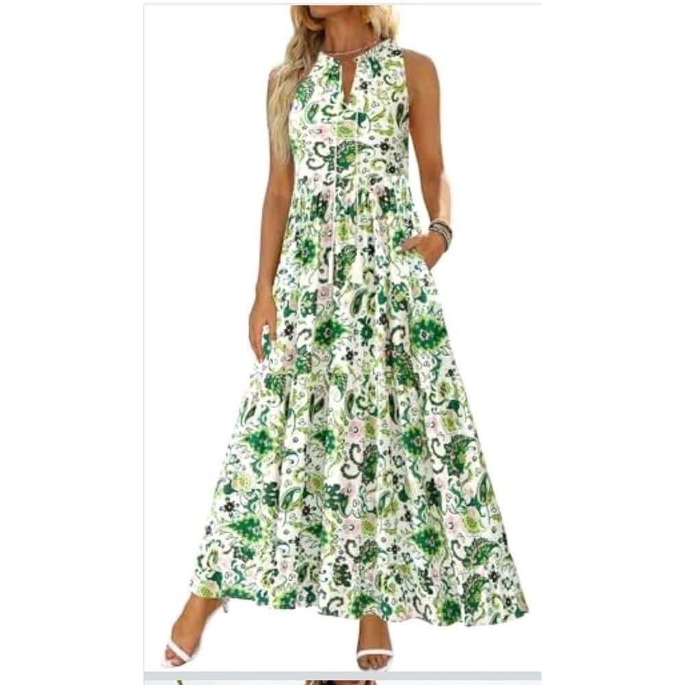 BTFBM Dress Sz XXL Green White Pink Floral Sleeveless Tiered Viscose